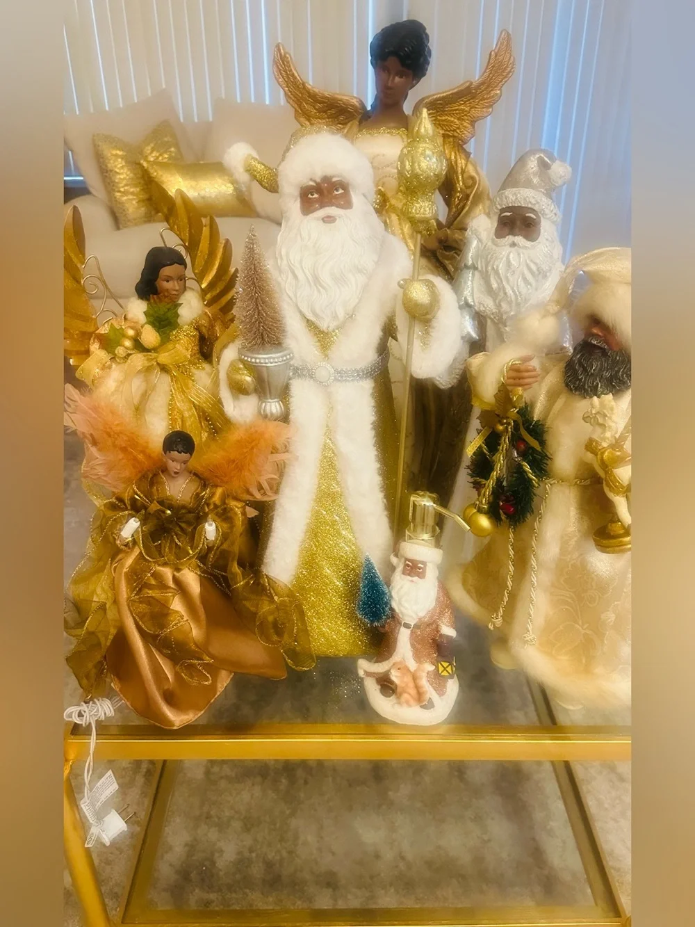 Holiday African American Santa Figurine in Cream and Gold
